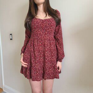Hollister Burgundy Floral Mini Dress size S Long Sleeve Square Neck Pockets